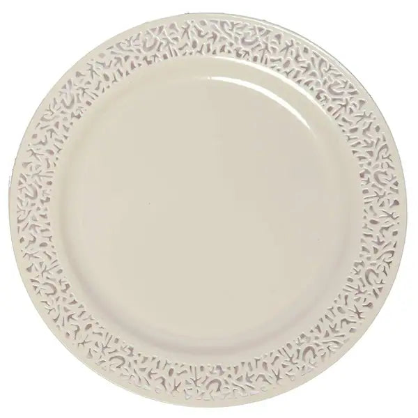 Party Joy Lace Premium Heavyweight Disposable Plastic 50 Piece Plate Set - Beige Color