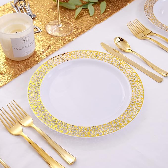 Premium heavyweight plastic disposable plates white color gold lace | 7.5" & 10.25" Plastic Dinner Plates, White Plastic Plates with Gold Rim,Gold Lace Plates,Gold Plastic Plates for Weddings Celebrations and Parties