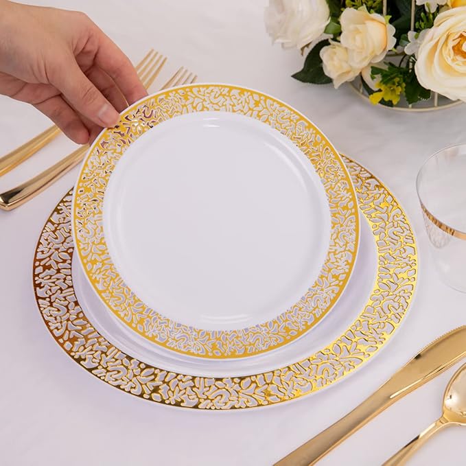 Party joy premium 50 Pieces Gold Plastic Plates Bulk 7.5" Plastic Disposable Plates with Gold Lace Rim White and Gold Plastic Plates Dessert Plates for Party Birthday Wedding Holiday Anniversary Supplies