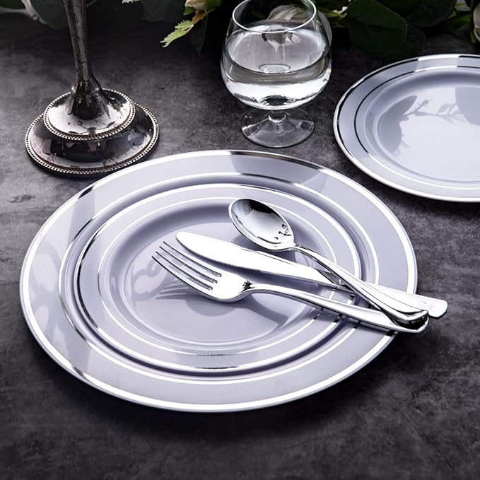 Party joy Premium Heavyweight plastic disposable | White with silver lace | Heavy duty wedding plates